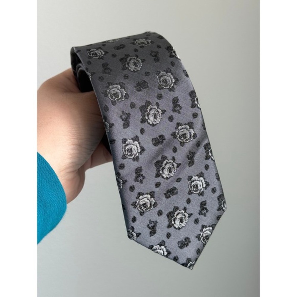 Ted Baker Grey Silk Necktie Floral Rose‎ Jacquard Vintage Dapper Wedding Classic
